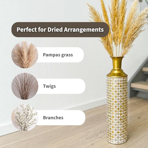 Leewadee Set of 3 Large Floor Vases Metal for Pampas Grass - color: Gold, White