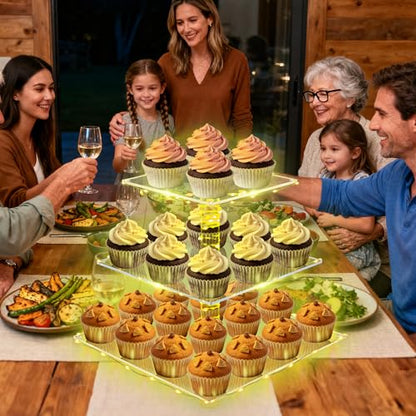YestBuy 3 Tier Cupcake Stand with Yellow LED String Light for 24 Cupcakes - color: Yellow, size: 3 Tier Square