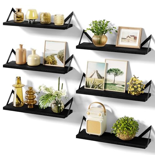 SRIWATANA Black Floating Shelves, 6-Piece Set Wood Wall Storage Unit