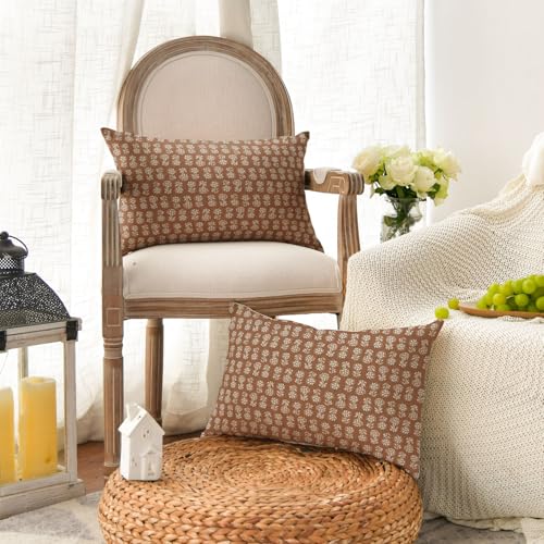 AVOIN colorlife Vintage Floral Boho Throw Pillow Covers Set of 2, 12 x 20 Inch Modern Farmhouse Bohemia Flowers Light Orange Brown Cushion Case Decoration for Sofa Couch Living Room Bedroom - color: Orange Brown, size: 20" x 12" (Pack of 2)