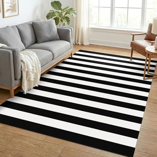 KOZYFLY Black White Rug 5x7 Area Rug Woven Striped Living Room Rugs - color: Black and White, size: 5' x 7' (Rectangular)