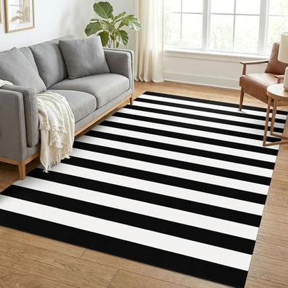 KOZYFLY Black White Rug 5x7 Area Rug Woven Striped Living Room Rugs - color: Black and White, size: 5' x 7' (Rectangular)