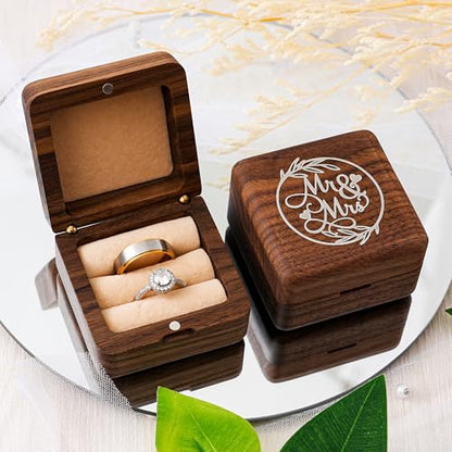 KWOOD Custom Wooden Wedding Ring Box for 2 Rings, Engraved Mr & Mrs Double Ring Holder for Wedding Ceremony Ring Bearer Box Anniversary Birthday Gift Ideas - style: S-Mr & Mrs