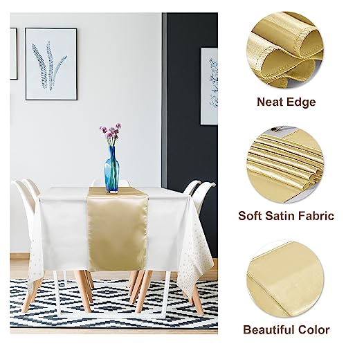 12Pack Disposable Plastic Tablecloths and Satin Table Runner Set White and Gold Dot Tablecloth Gold Satin Table Runner for Wedding Birthday Baby Shower Anniversary Christmas New Year Party Supplies - color: White and Gold, size: 12 Pack