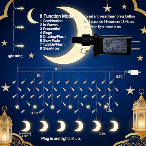 Dazzle Bright Ramadan Curtain String Lights, 138 LED 8.2 FT Warm White Star Moon Window Lights with Timer and 8 Lighting Modes, Waterproof Ramadan Decorations for Bedroom Wall Wedding Outdoor Party - size: Star Moon