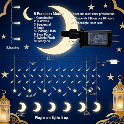 Dazzle Bright Ramadan Curtain String Lights, 138 LED 8.2 FT Warm White Star Moon Window Lights with Timer and 8 Lighting Modes, Waterproof Ramadan Decorations for Bedroom Wall Wedding Outdoor Party - size: Star Moon