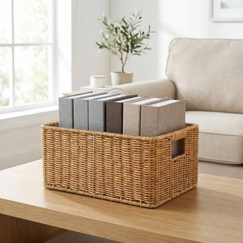 Hemobllo Imitation Woven Rattan Basket Desktop Storage Bin with Handles Large Capacity Shelf Organizer for Organizing Toys Pantry Sundries 13.38''