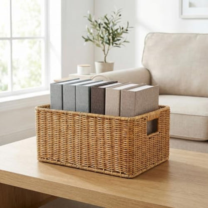 Hemobllo Imitation Woven Rattan Basket Desktop Storage Bin with Handles Large Capacity Shelf Organizer for Organizing Toys Pantry Sundries 13.38''