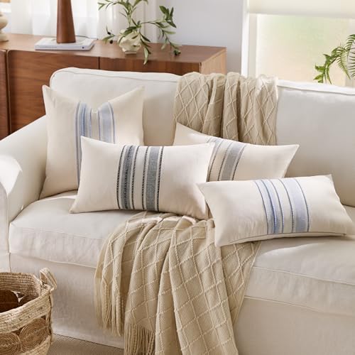 KINDREX Striped Linen Decorative Throw Pillow Covers 12x20 Classic Blue - color: Sky Blue, size: 20" x 12" (Pack of 2)