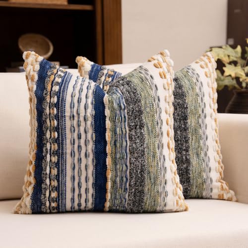 Boho Chenille Tufted Throw Pillow Covers 18x18 Inch Set of 2 Farmhouse Mixed Blue Woven Striped Decorative Pillowcases for Couch Sofa Bed - color: Mixed Blue