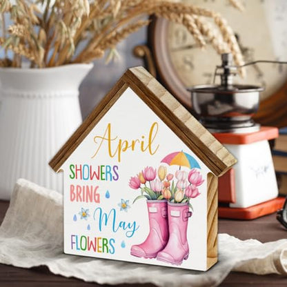 April Showers Bring May Flowers Decorations, Spring House Shaped Wood Block - color: April