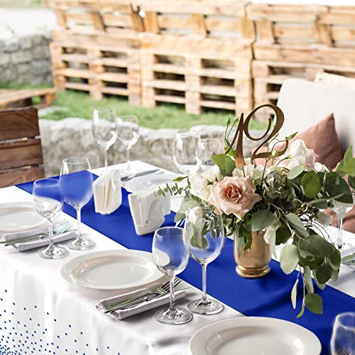 8Pack Disposable Plastic Tablecloths and Satin Table Runner White and Royal Blue Dot Tablecloth Blue Satin Table Runner for Wedding Birthday Baby Shower Anniversary Christmas New Year Party Supplies - color: White and Blue, size: 8 Pack