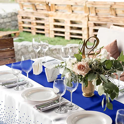 8Pack Disposable Plastic Tablecloths and Satin Table Runner White and Royal Blue Dot Tablecloth Blue Satin Table Runner for Wedding Birthday Baby Shower Anniversary Christmas New Year Party Supplies - color: White and Blue, size: 8 Pack