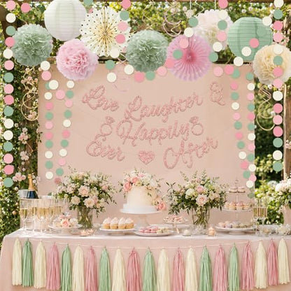 Bridal Shower Decorations,Sage Green Pink Bridal Shower Decorations Includes Love Laughter Happily Ever After Decorations Paper Flower Ball Wedding Decorations for Home Party Bachelorette Party - style: Pink