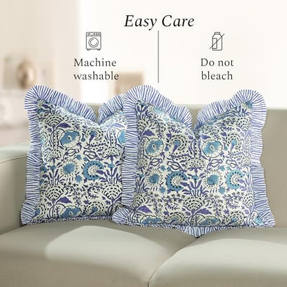 CPC Indigo Blue Block Print Ruffle Pillow Cover 18x18 Inch, Pack of 2 - color: Indigo Blue, size: 18" x 18" (Pack of 2)