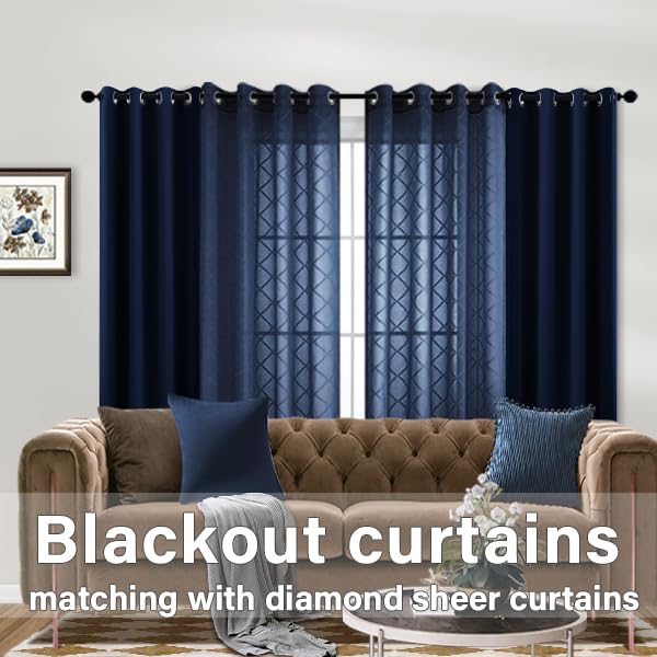 KOUFALL Navy Blue Curtains 63 Inch Length, Semi Sheer Curtains for Living Room 2 Panels Set with Grommet - color: Navy Blue, size: 52"W x 63"L (Pack of 2)
