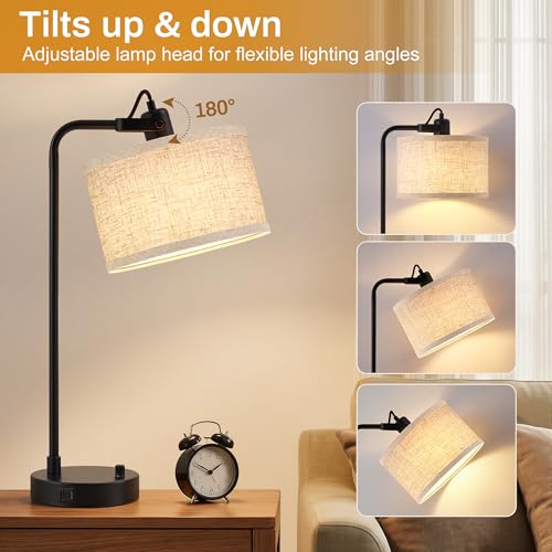Black Table Lamp Set of 2, USB A+C, 180° Adjustable Bedside Lamps, Dimmable - color: Black-A