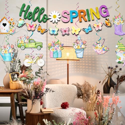 Spring Decorations Banner,Spring Party Decorations Includes Hello Spring Banner and Butterfly Spring Hanging Swirls, Spring Decorations for Office Home Classroom