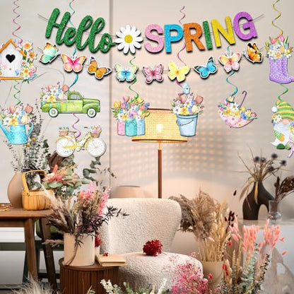 Spring Decorations Banner,Spring Party Decorations Includes Hello Spring Banner and Butterfly Spring Hanging Swirls, Spring Decorations for Office Home Classroom