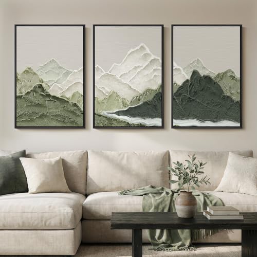 Framed Green Abstract Mountain Wall Art for Living Room, 3 Piece, 24x36 In - color: Green White Gray, size: 24" W x 36" H x 3Pcs