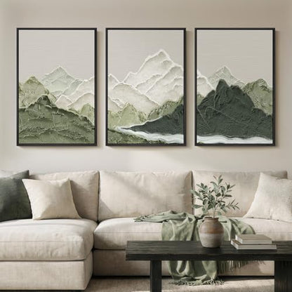 Framed Green Abstract Mountain Wall Art for Living Room, 3 Piece, 24x36 In - color: Green White Gray, size: 24" W x 36" H x 3Pcs