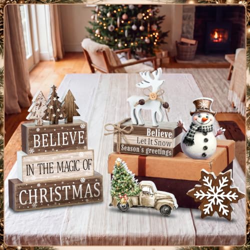 11 Pcs Christmas Table Decorations Christmas Tiered Tray Decorations Set Snowman Reindeer Wooden Stack Signs for Winter Xmas Party Home Kitchen Shelf - style: Christmas