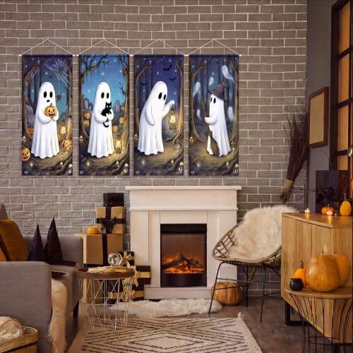 4 Pcs Halloween Ghost Tapestry Banners, Porch Hanging Decor