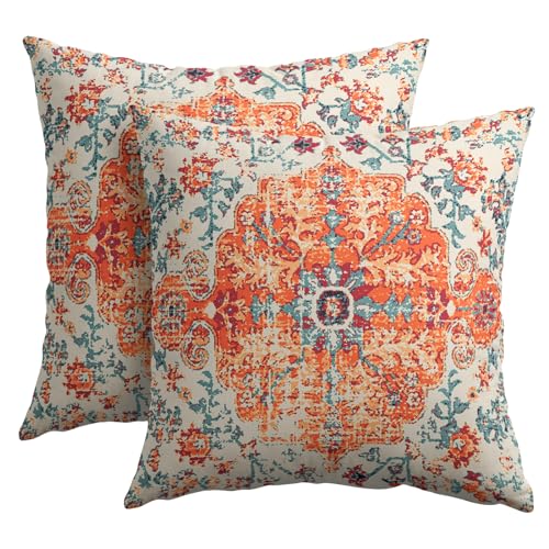 Orange Blue Ethnic Boho Pillow Covers 20X20 Inch Bohemian Carpet Vintage Pillow Cases Rust Coral Floral Cotton Linen Throw Pillows Set of 2 Rustic Home Decor for Living Room Bedroom Cushion Outdoor
