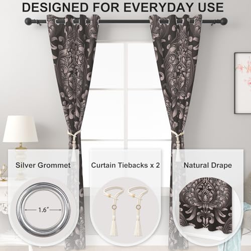 Blackout Curtains 84 Inch Length 2 Panels Set with Tiebacks, Brown Floral Grommet Black Out Curtain for Living Room, Summer Thermal Insulated Soundproof Pattern Darkening Curtains for Girls Bedroom - color: Regal Damask