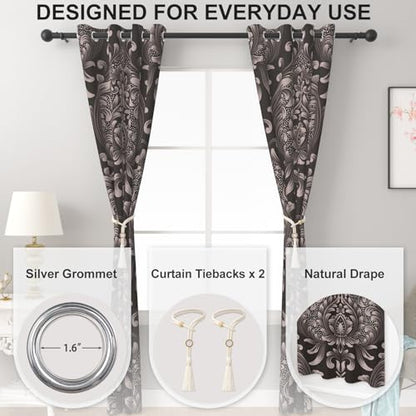 Blackout Curtains 84 Inch Length 2 Panels Set with Tiebacks, Brown Floral Grommet Black Out Curtain for Living Room, Summer Thermal Insulated Soundproof Pattern Darkening Curtains for Girls Bedroom - color: Regal Damask