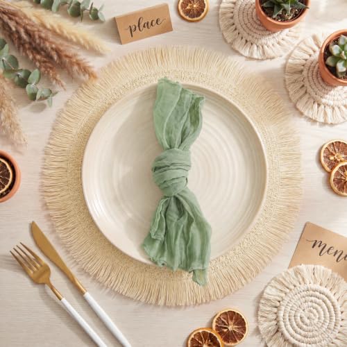 6 Sets Boho Woven Table Placemats Sage Green Cheesecloth Napkins - color: Sage Green