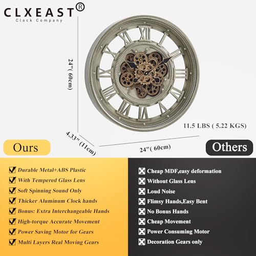 CLXEAST 24" Moving Gear Wall Clock for Living Room, Antique Champagne | Metal Case, Tempered Glass Lens, SIilent Non Ticking, Industrial Farmhouse Wall Clock for Dinning Room & Home Office - color: 24" Antique Champagne