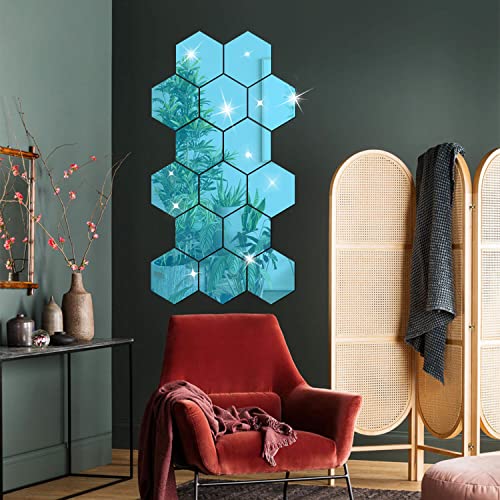 DIY Wall Decals Acrylic Mirror Sticker Set 12 Pcs, Hexagon Mirror Wall Stickers for Living Room Bedroom Decor (Blue) - color: Blue, size: 20*17*10cm