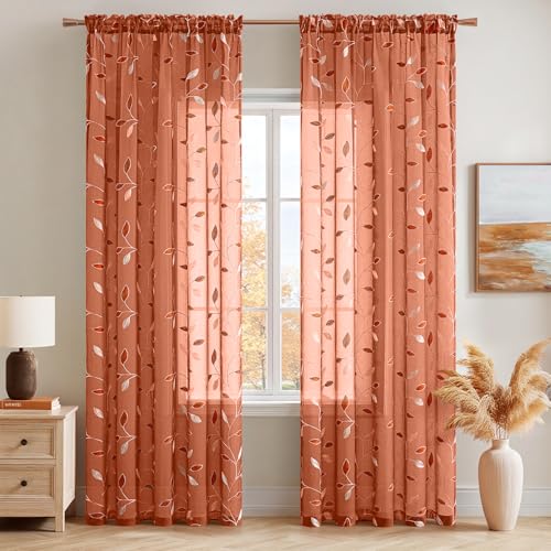 MIULEE Burnt Orange Sheer Fall Curtains 2 Panels Leaf Patterned, W52 x L96 - color: Burnt Orange, size: 52"W x 96"L (Pack of 2)
