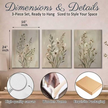 Neutral Wildflower Canvas Wall Art Set of 3, Beige Floral, 16x24 Inch - color: Light green flowers and grass, size: 16x24 inch
