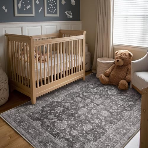 Washable 4x6 Rug, Distress Non-Slip Area Rugs, Charcoal Gray - color: Charcoal Gray, size: 4' x 6' (Rectangular)