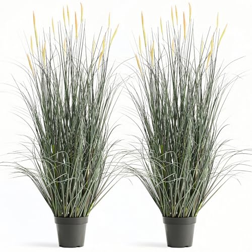 Faux 4ft Horsetail Reed Grass with Pink Spikes 2-Pack, Fake Grass in Pot - color: Lush Green
