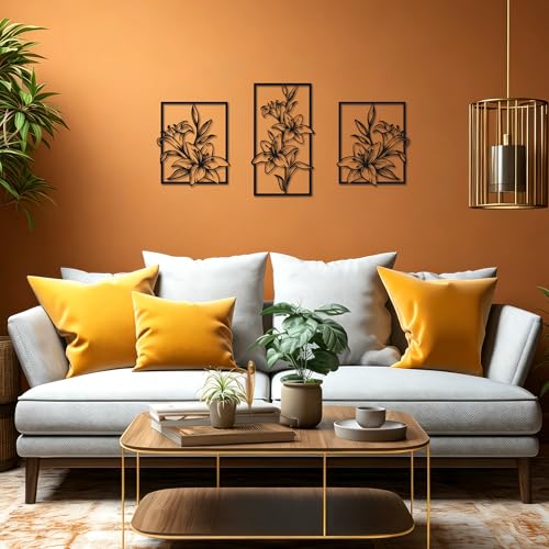 Set of 3 Lily Black Metal Wall Art Line Art Living Room Bathroom Home Decor | 3-Piece Matte Black Lily Metal Wall Sculpture, Floral Line Decor for Living Room Bedroom Bathroom, Ideal All-Occasion Gift