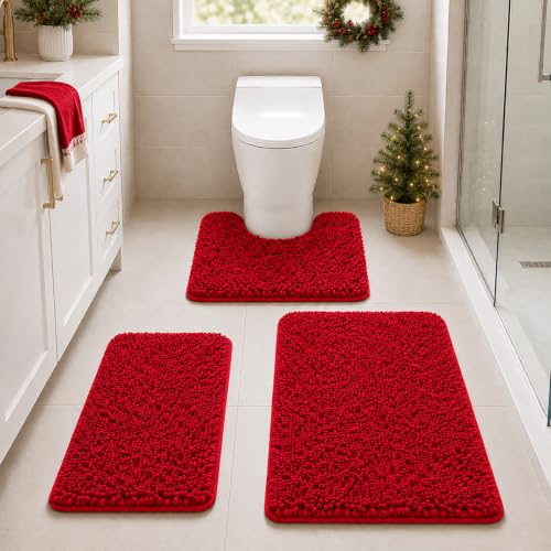 Red Bathroom Rugs Non Slip Thick Bath Mat Sets 3 Piece, Thickened Bath Mats for Bathroom,Bath Rugs Quick Dry Machine Washable for Shower Mat-Rugs for Living Room-Christmas Decorations Bthroom Set - color: Christmas Red