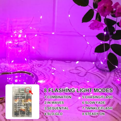 Pink Fairy Lights Battery Operated (Included), 8 Modes & Auto Timer, 16FT 50Led Mini Twinkle Silver Wire Firefly Starry Lights, Waterproof Battery Operated Lights for Mason Jars Wedding Party - color: Pink, size: 1 Pack - Batteries Included