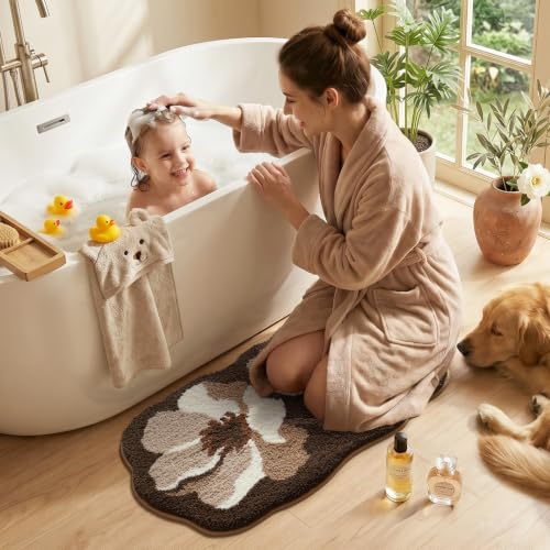 LUMI Flower Bathroom Rug, Absorbent Non Slip Bath Mat, 20x32, Brown Flower - color: Floral-brown Flower