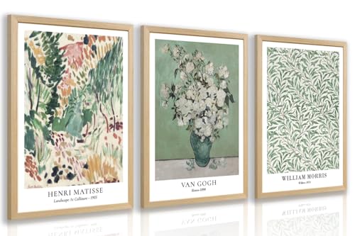 LLEEMPI Van Gogh Canvas Wall Art Set of 3, Sage Green 12x16 Framed Prints - color: VanGoghMatisse(Wood), size: 16"L x 12"W