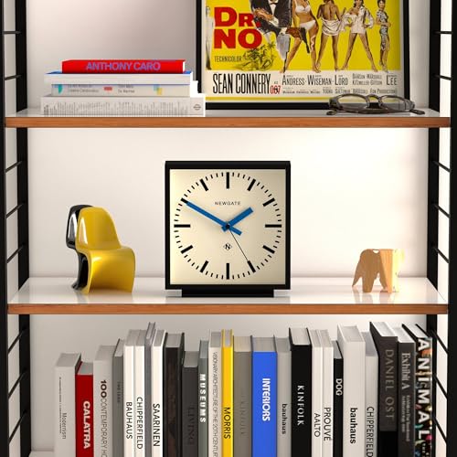 NEWGATE® Amp Desk Clock | Square Station Clock Design | Black case with Blue Hands | Modern Style for Desk, Table top, Mantel, Shelf or Bedside - color: Matt Black Case With Cream Dial (Blue)