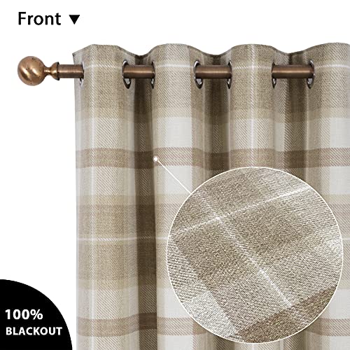 always4u Plaid Curtains for Bedroom Living Room 100% Blackout Thermal Energy Saving Woolen Look Grommet Curtains 63 Inch Length 2 Panels Beige - color: Beige, size: 45"W x 63"L (Pack of 2)