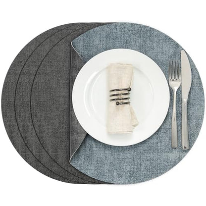 Myir JUN 14" Round Placemats Set of 4, Reversible Dual-Color Place Mats - color: Gray Light Blue