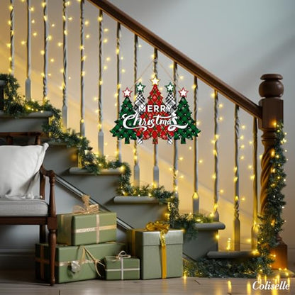 Wooden Merry Christmas Door Sign,Christmas Tree Door Wreath for Front Sign Wall Signs,Decoration Farmhouse Hanging Plaque,Hanging for Home Wall Decor Party(Red)