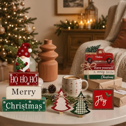 11 Pcs Christmas Table Decorations Set Christmas Wooden Sign Tiered Tray Decoration Xmas Table Centerpiece Block Stack Signs Farmhouse Rustic for Coffee Fireplace Mantel Shelf Kitchen - style: Farmhouse Christmas