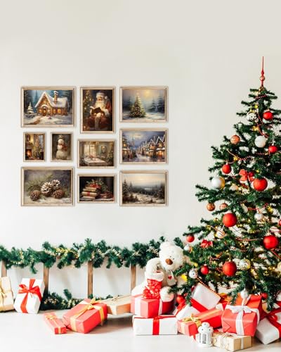 KBKBART Christmas Wall Art Prints Set of 10 Rustic Xmas Wall Decor Unframed - color: Christmas Wall Art