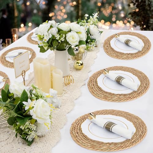 Round Woven Placemats Set of 12，13.8 Inch Natural Rattan Placemats Hand-Woven Water Hyacinth Placemat Farmhouse Rustic Braided Boho Wicker Table Mats for Dining Table Wedding Home (13.8 Inch) - size: 13.8