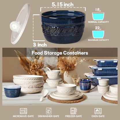 Artena Meal Prep Containers 22 OZ, 4 Pack Snack Containers, Reusable Food Storage Containers With Lids For Soup Yogurt Oatmeal Lunch Breakfast, Ceramic Cereal Bowls (Blue, Willow Leaf) - size: 5.15 inch (Willow Leaf, Blue)